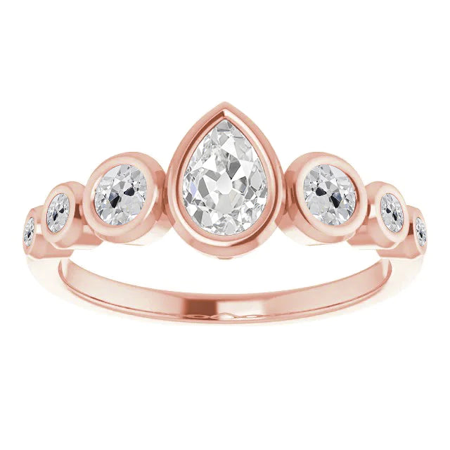 Old Cut Pear & Round Natural Earth Mined Diamond Bubble Ring Band Bezel Set 4 Carats