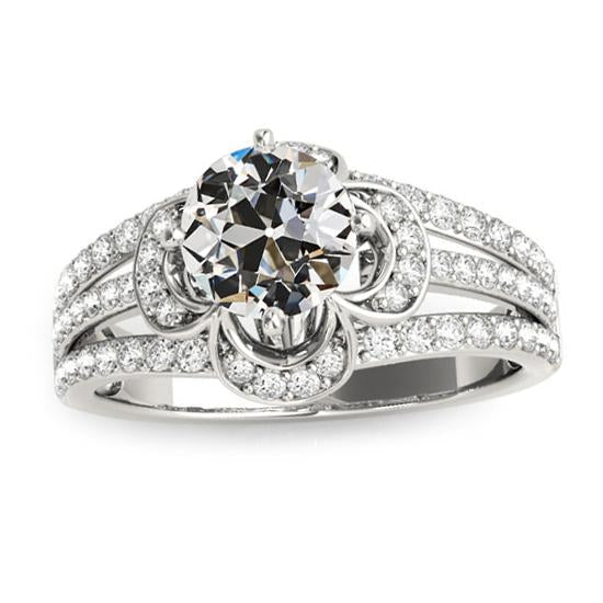 Old Cut Real Natural Earth Mined Diamond Ring Flower Style Triple Row Accents Gold 5.50 Carats