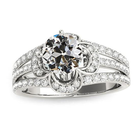 Old Cut Real Natural Earth Mined Diamond Ring Flower Style Triple Row Accents Gold 5.50 Carats