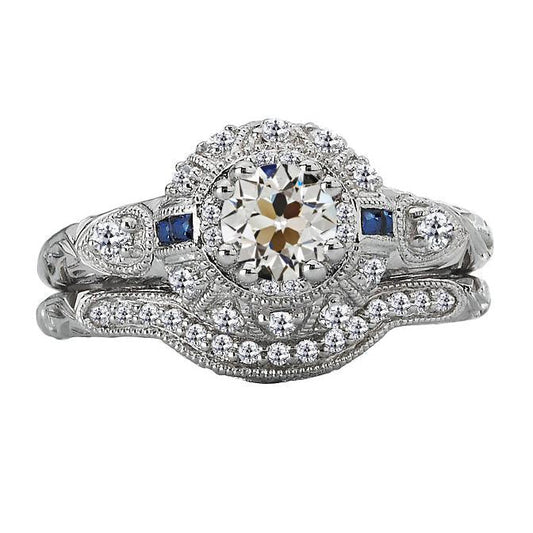 Old Cut Real Natural Earth Mined Diamond & Sapphires Engagement Ring Set Vintage Style 4 Carats