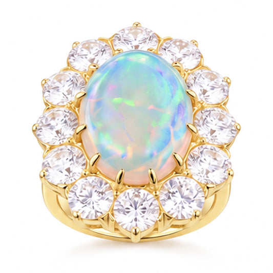 Opal And Natural Earth Mined Diamonds 6.75 Carats Anniversary Ring Gold 14K New
