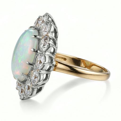 Opal And Natural Earth Mined Diamonds 6.75 Carats Anniversary Ring Gold 14K New
