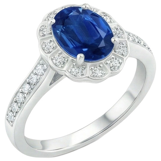Oval And Round Cut 4.20 Ct Sapphire And Natural Earth Mined Diamonds Ring White Gold 14K