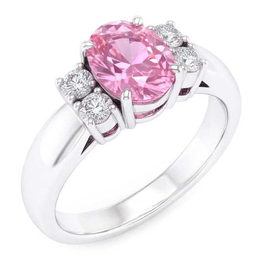 Oval And Round Cut Pink Sapphire Natural Earth Mined Diamonds Ring 2.10 Ct White Gold 14K