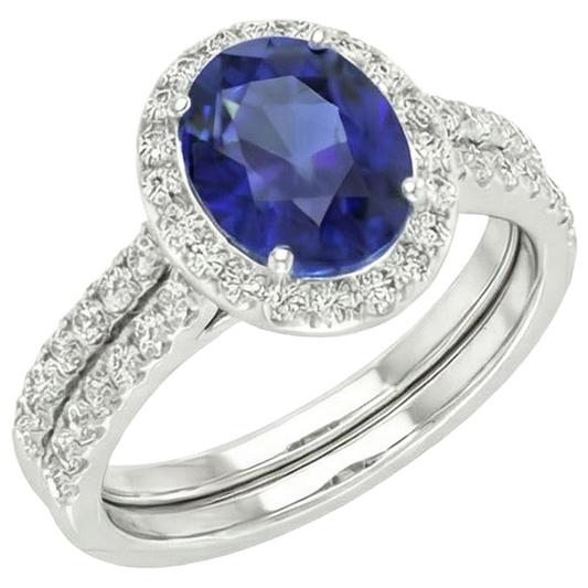 Oval Blue Sapphire Halo Engagement Ring Set 10.25 Carats White Gold
