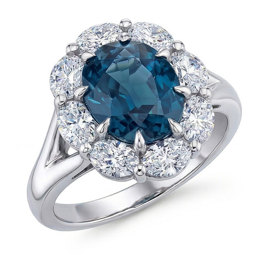 Oval Blue Sapphire Halo Natural Earth Mined Diamond Wedding Ring 3.30 Ct. White Gold 14K