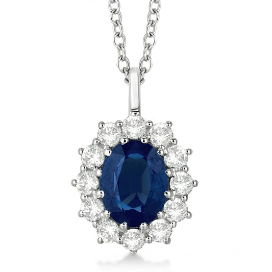 Oval Blue Sapphire With Natural Earth Mined Diamonds Pendant Necklace 2.70 Ct White Gold