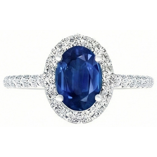 Oval Ceylon Sapphire And Natural Earth Mined Diamond Ring Solid Gold 14K