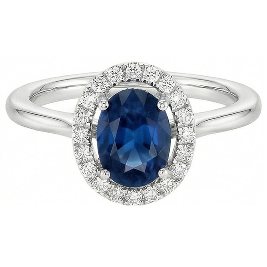 Oval Ceylon Sapphire Round Natural Earth Mined Diamonds 2.50 Carats Ring White Gold 14K