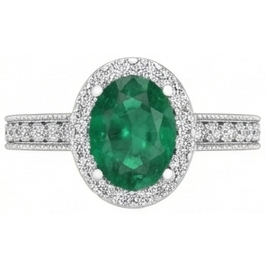 Oval Cut Green Emerald With Round Natural Earth Mined Diamonds 4.75 Carats Ring 14K White Gold