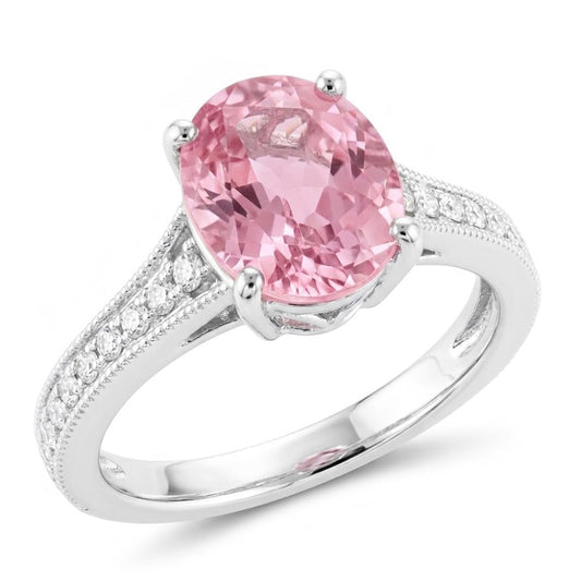 Oval Cut Pink Kunzite And Natural Earth Mined Diamond Ring White Gold 14K 10.50 Ct
