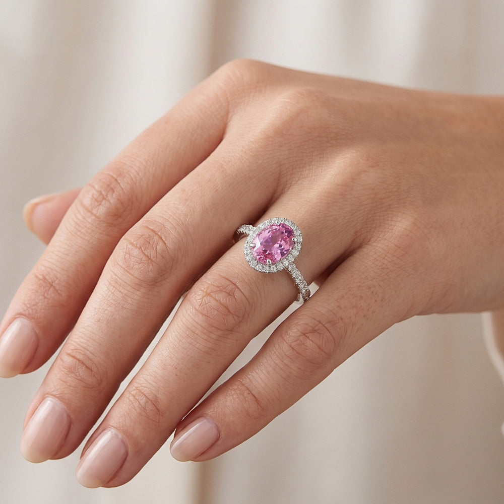 Oval Cut Pink Sapphire & Round Natural Earth Mined Diamonds 2.25 Ct Ring 14K White Gold