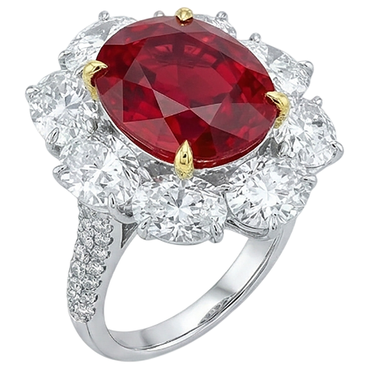 Oval Cut Red Ruby With Round Natural Earth Mined Diamond Ring 4.50 Carats Gold 14K