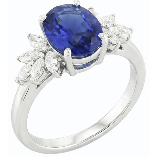 Oval Gemstone Blue Sapphire Ring With Marquise Natural Earth Mined Diamonds 3.50 Carats