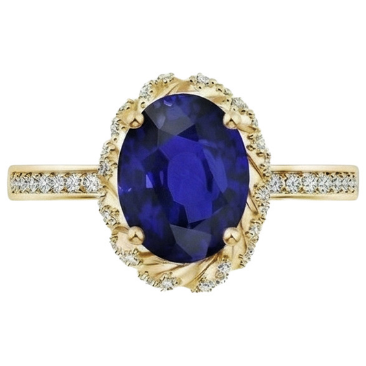 Oval Halo Gemstone Ring Blue Sapphire Pave Natural Earth Mined Diamond Yellow Gold 7 Carat