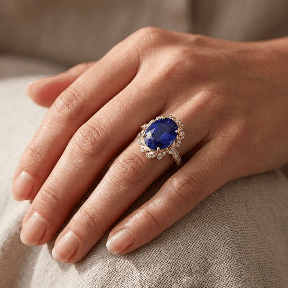 Oval Halo Gemstone Ring Blue Sapphire Pave Natural Earth Mined Diamond Yellow Gold 7 Carat