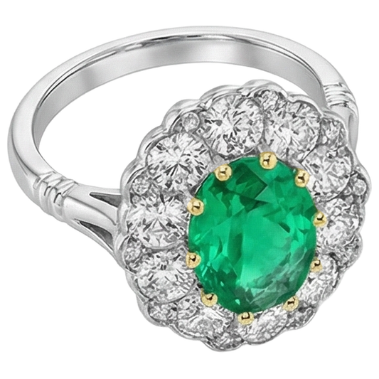 Real Emerald Gemstone Ring 2 ct 14 Karat Two Tone Gold – front view