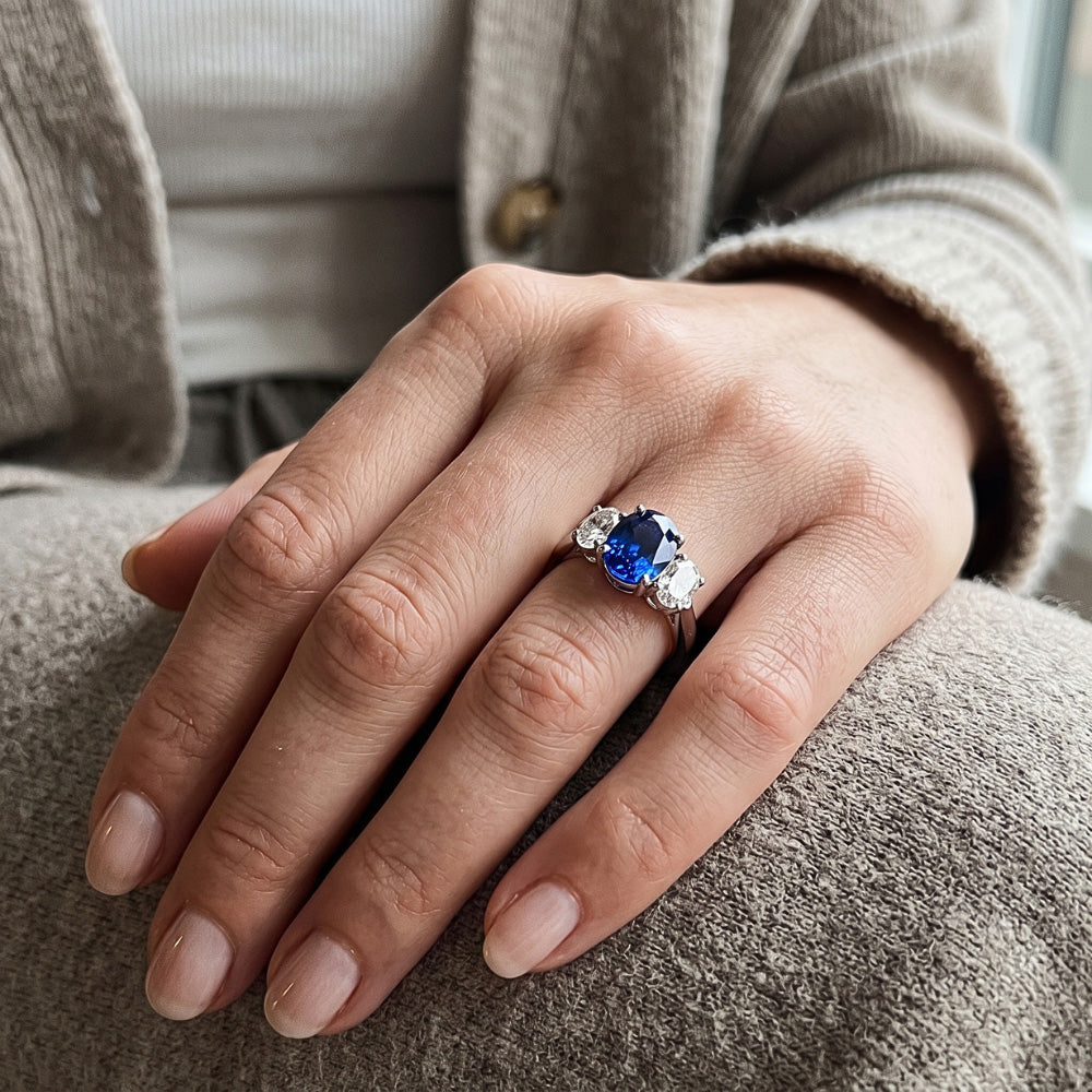 Oval Natural Earth Mined Diamond Anniversary Ring Blue Sapphire Stone 2.50 Carats