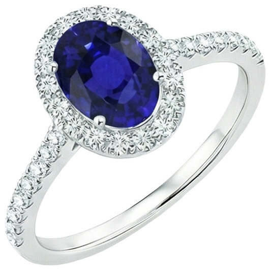 Oval Natural Earth Mined Diamond Halo Engagement Ring 5.50 Carats Ceylon Sapphire Accented