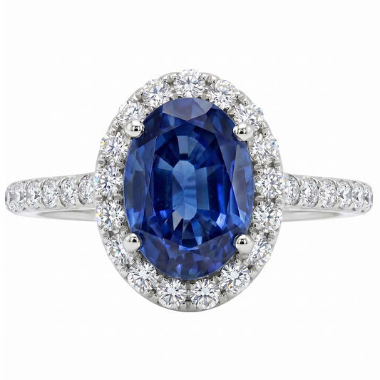 Oval Natural Earth Mined Diamond Halo Ring Blue Sapphire Accented White Gold 5.50 Carats
