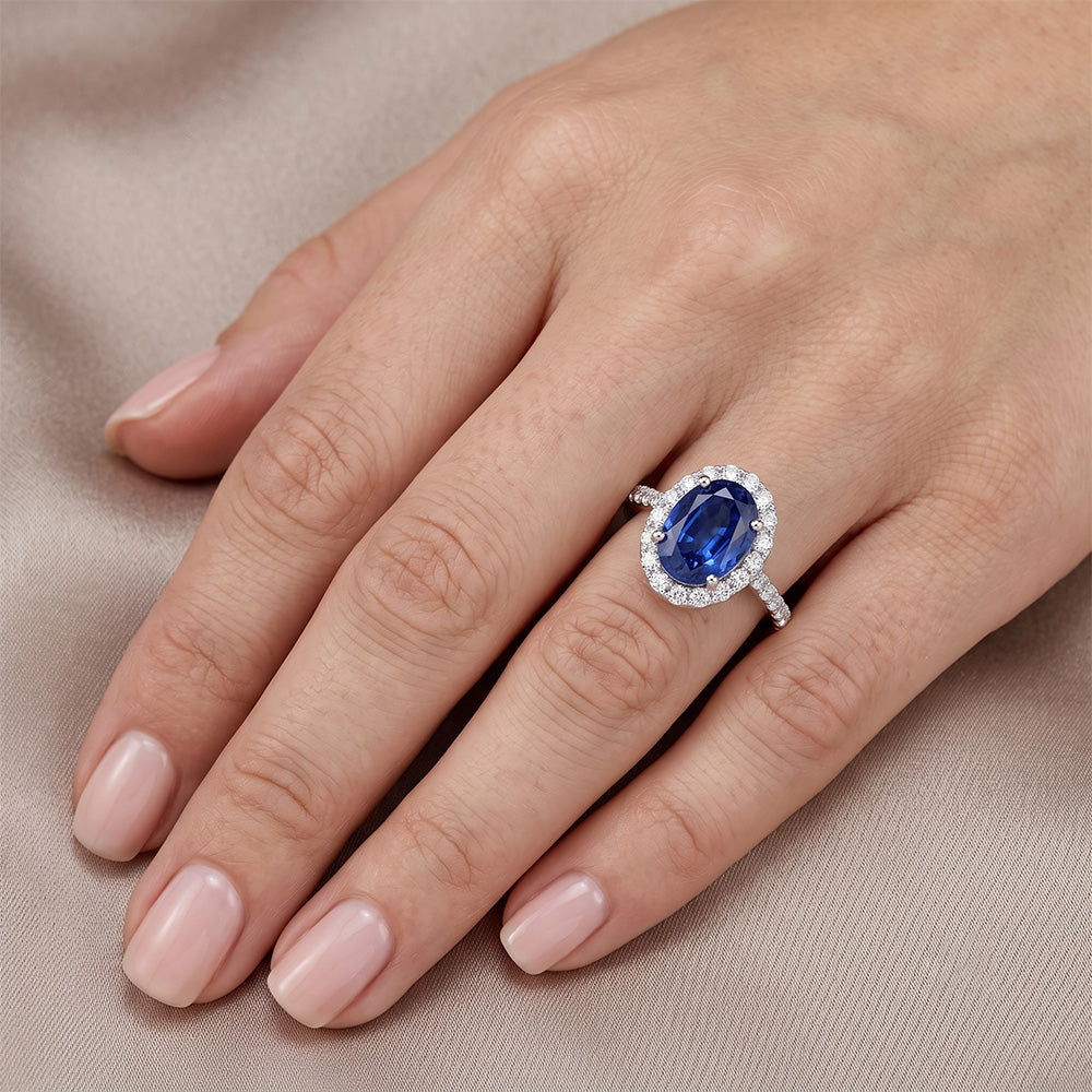 Oval Natural Earth Mined Diamond Halo Ring Blue Sapphire Accented White Gold 5.50 Carats