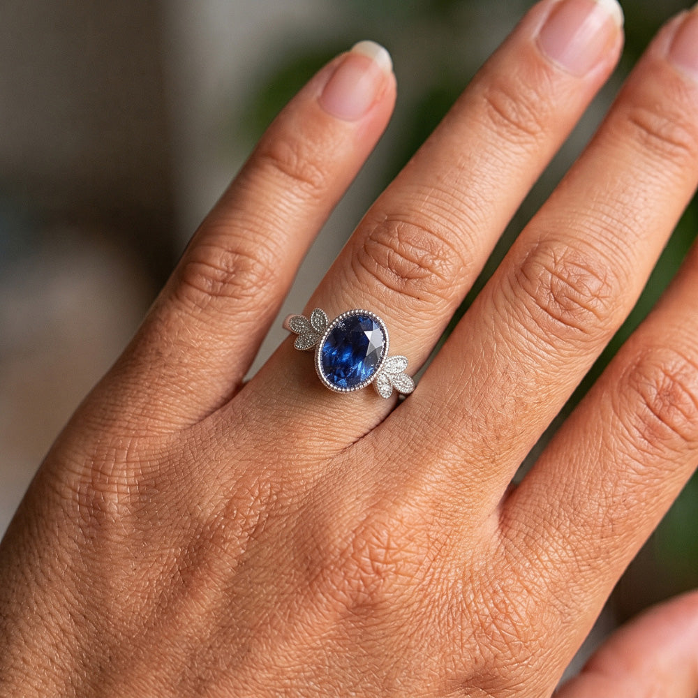 Oval Natural Earth Mined Diamond Ring Bezel Set Blue Sapphire 3 Carats Antique Style Gold