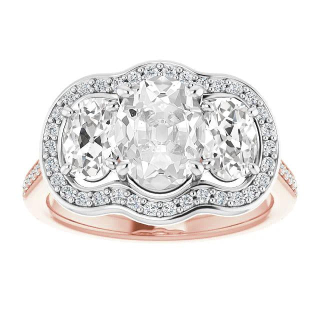 Oval Old Cut Real Diamond Halo Ring Two Tone Prong Set 12 Carats