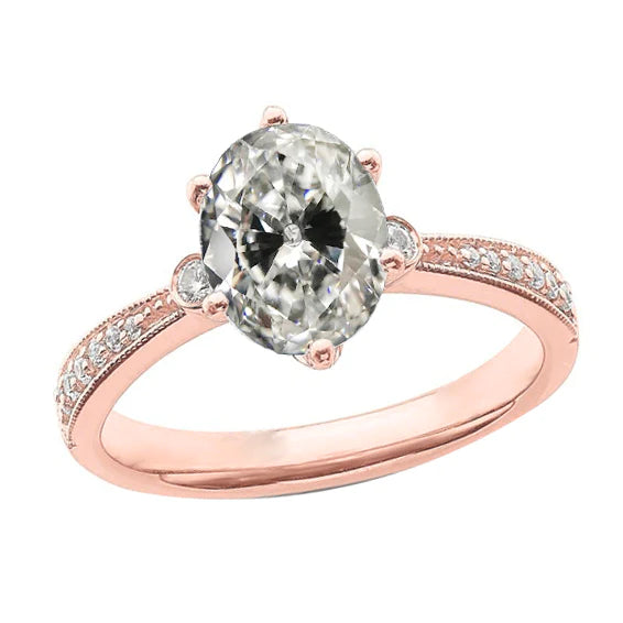 Oval Old Mine Cut Real Diamond Ring 6 Prong Tapered Shank 4.50 Carats