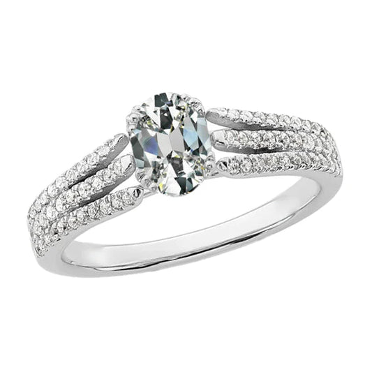Oval Old Mine Cut Real Diamond Ring Split Shank 5.50 Carats Pave Set Gold