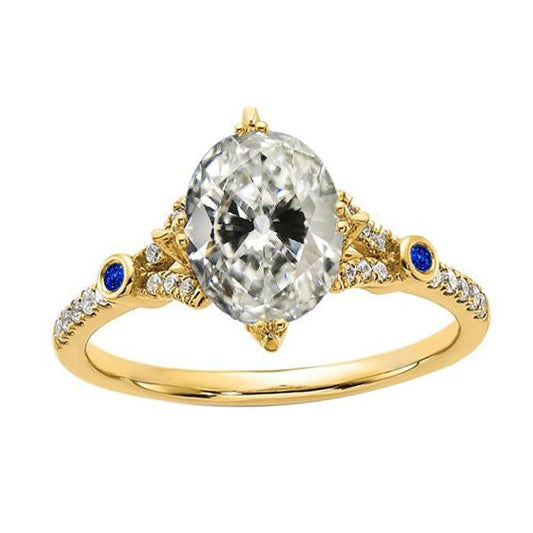 Oval Old Mine Cut Real Natural Earth Mined Diamond & Round Ceylon Sapphires Ring 5 Carats