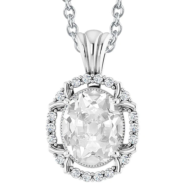 Oval Old Miner & Round Natural Diamond Pendant 7 Carats Slide Chain Milgrain