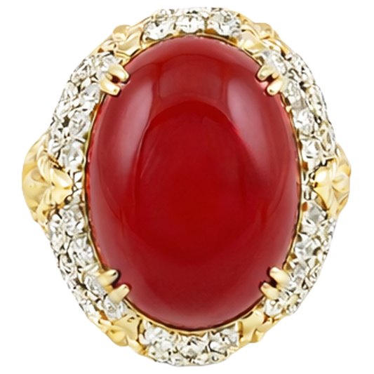 Oval Red Coral With Natural Earth Mined Diamonds 11.20 Ct Wedding Ring 14K Yellow Gold 14K