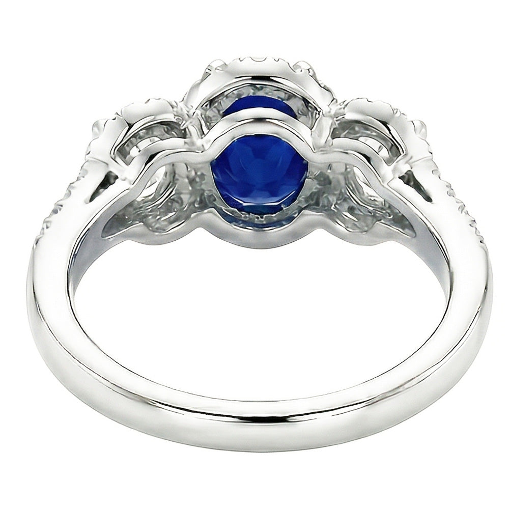 Oval Sapphire Halo Ring 3 Stone Style 3.50 Carats Split Shank Natural Earth Mined Diamonds
