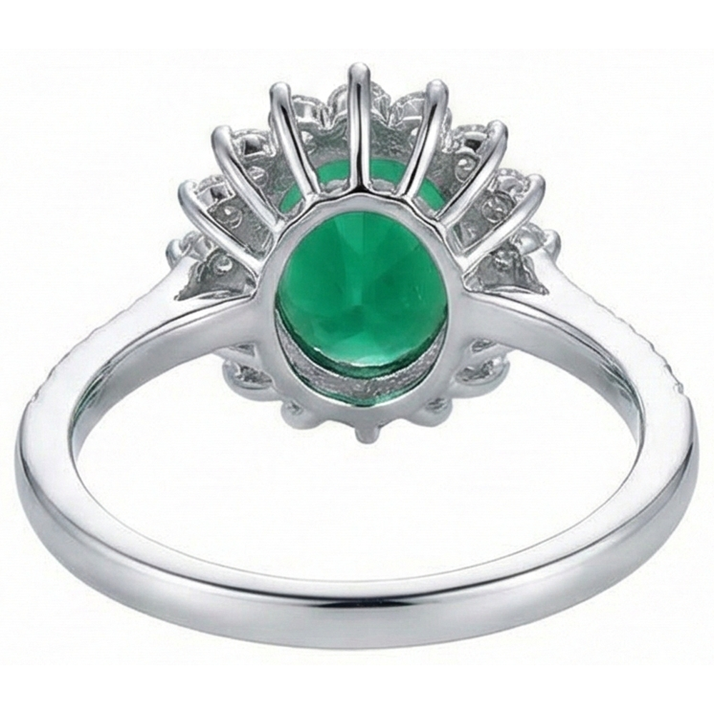 Oval Shape Green Emerald And Natural Earth Mined Diamond Ring White Gold 14K 5.75 Ct