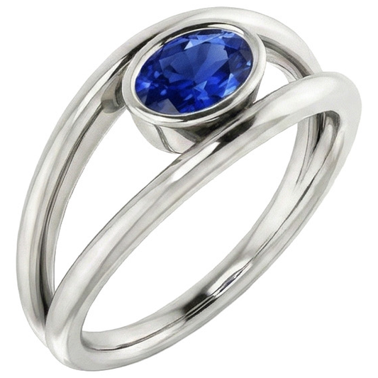 Oval Solitaire 2 Carat Ring Bezel Set Blue Ceylon Sapphire Gold 14K