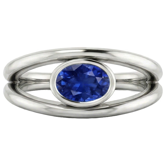 Oval Solitaire 2 Carat Ring Bezel Set Blue Ceylon Sapphire Gold 14K