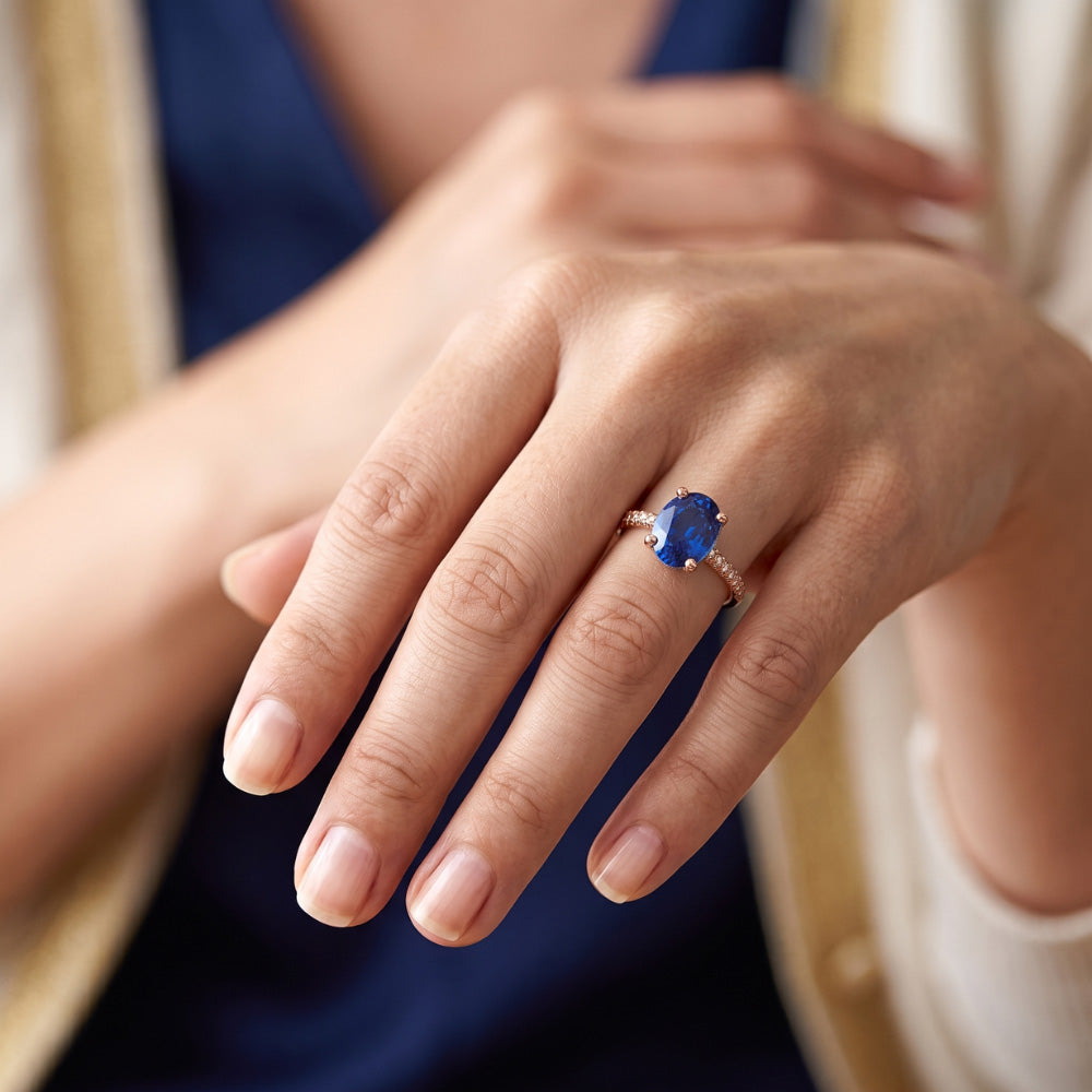 Oval Solitaire Blue Sapphire Ring & Pave Set Natural Earth Mined Diamonds 4.50 Carats