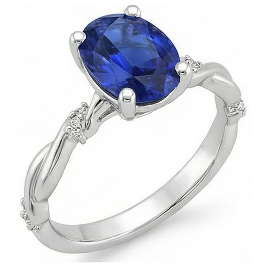 Oval Solitaire Blue Sapphire With Accents Ring Twist Style 3.50 Carats