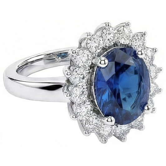 Oval Sri Lanka Sapphire & Natural Earth Mined Diamond Ring White Gold Jewellery