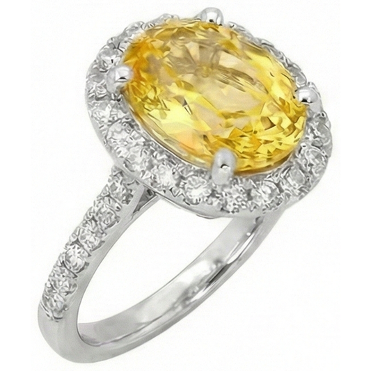 Oval Yellow Sapphire And Round Natural Earth Mined Diamond Ring White Gold 3.5 Ct.