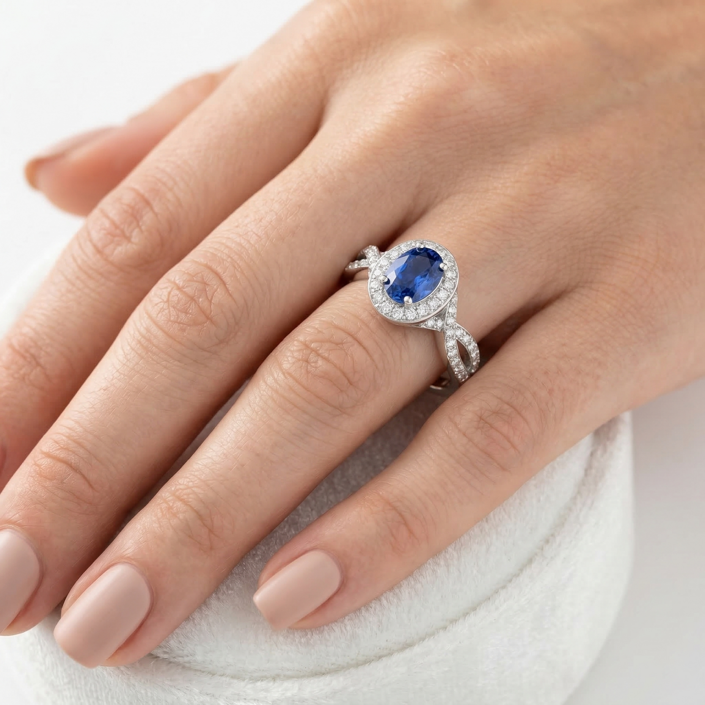 Oval Ceylon Sapphire & Round Natural Earth Mined DIAMOND ( NOT LAB GROWN ) Ring 1.55 Carat White Gold 14K