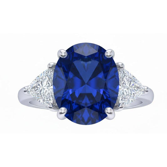 Oval Sri Lanka Color Sapphire Trillion IGI CERTIFIED Diamonds 3 Stone Ring 6.01 Carats