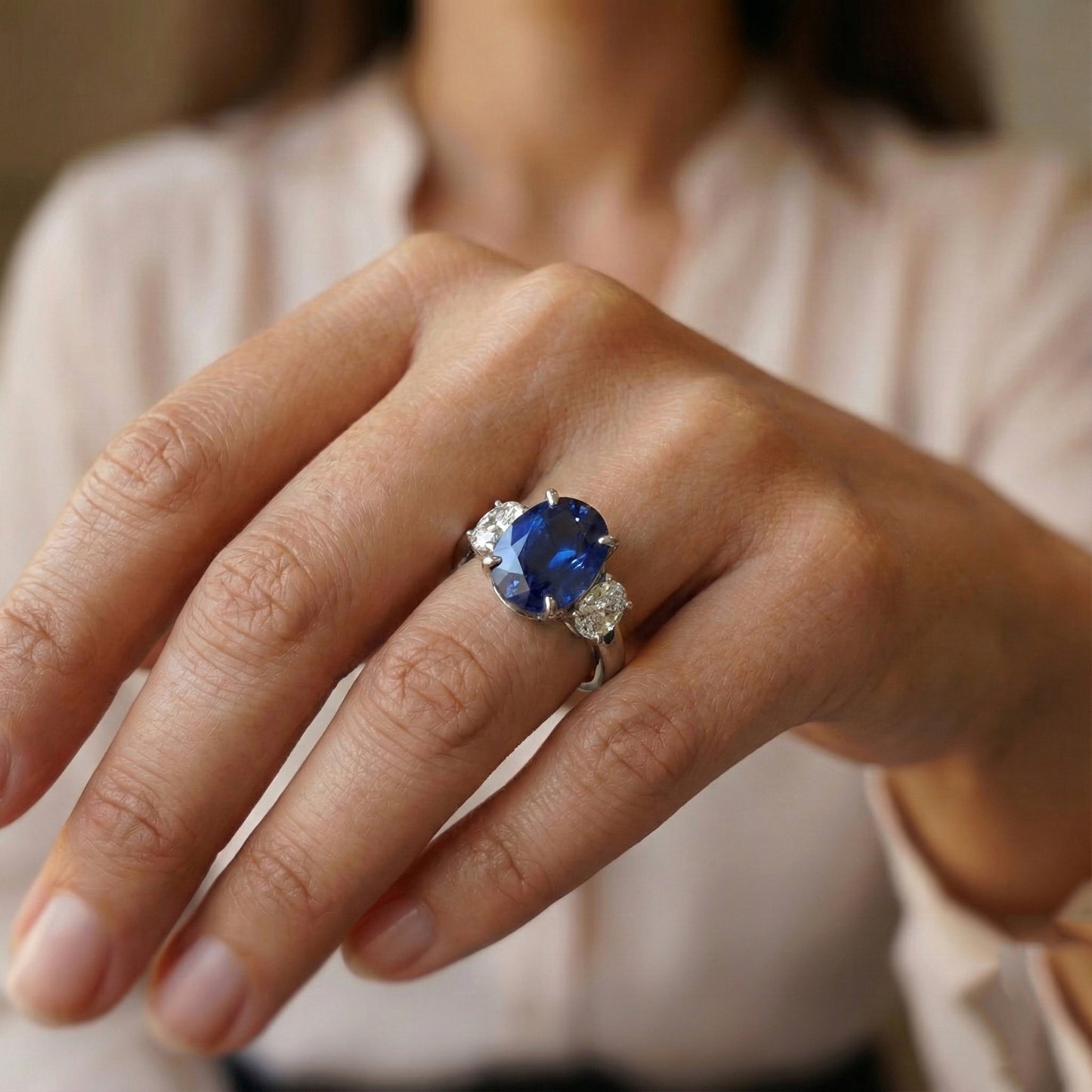 Oval Natural Earth Mined Diamond 3 Stone Ring White Gold Ceylon Sapphire Gemstone 5 Carats