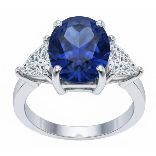 Oval Sri Lanka Color Sapphire Trillion IGI CERTIFIED Diamonds 3 Stone Ring 6.01 Carats