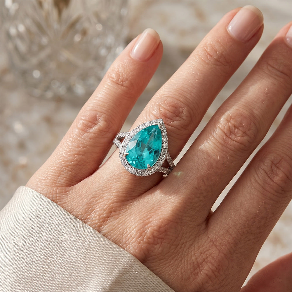 Paraiba Tourmaline Pavé Halo Setting Ring 5.25 ct in 14 Karat