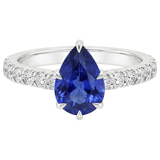 Pave Natural Earth Mined Diamond Engagement Ring Prong Set Pear Blue Sapphire 5.50 Carats