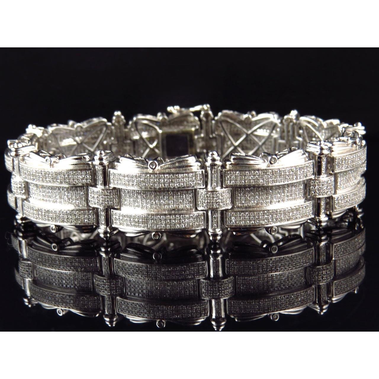 Pave Set Round Cut Real Diamond Men Bracelet White Gold 14K 15 Carats