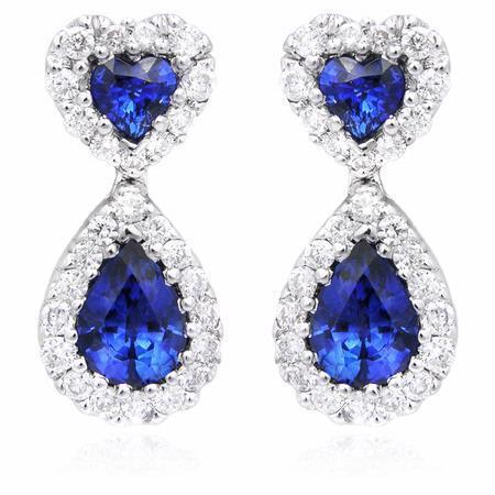 Pear Blue Sapphire Diamond Dangle Earring White Gold 14K 4.10 Ct.