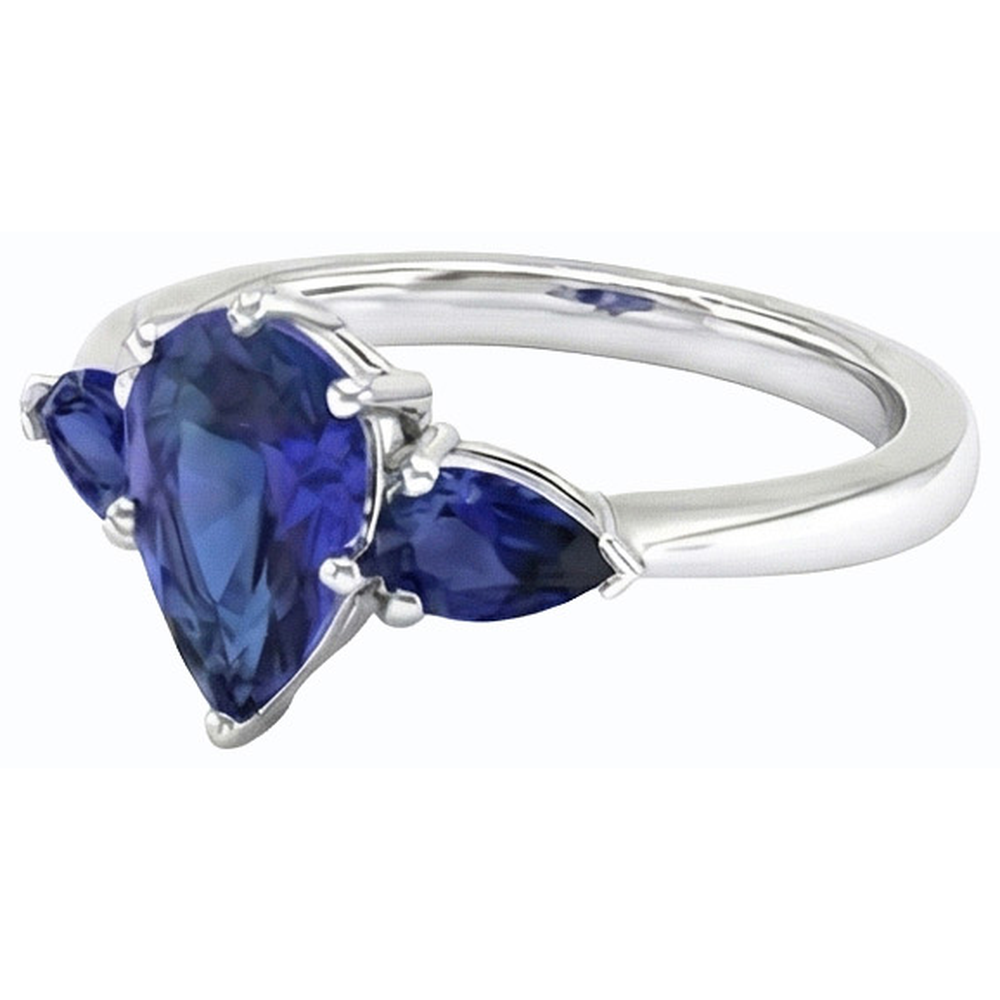 Pear Blue Sapphire Three Stone Ring 2 Carats White Gold 14K