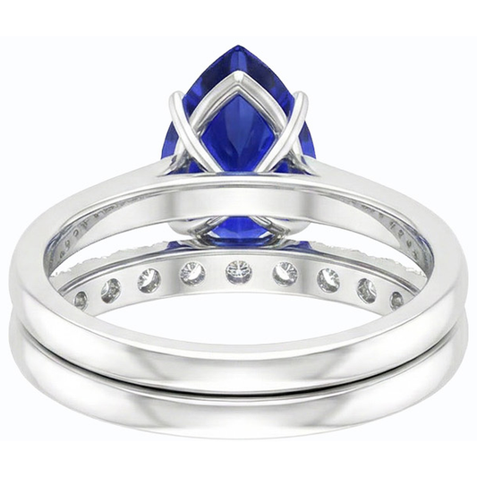 Pear Blue Sapphire Wedding Ring Set White Gold & Natural Earth Mined Diamonds 4.50 Carats